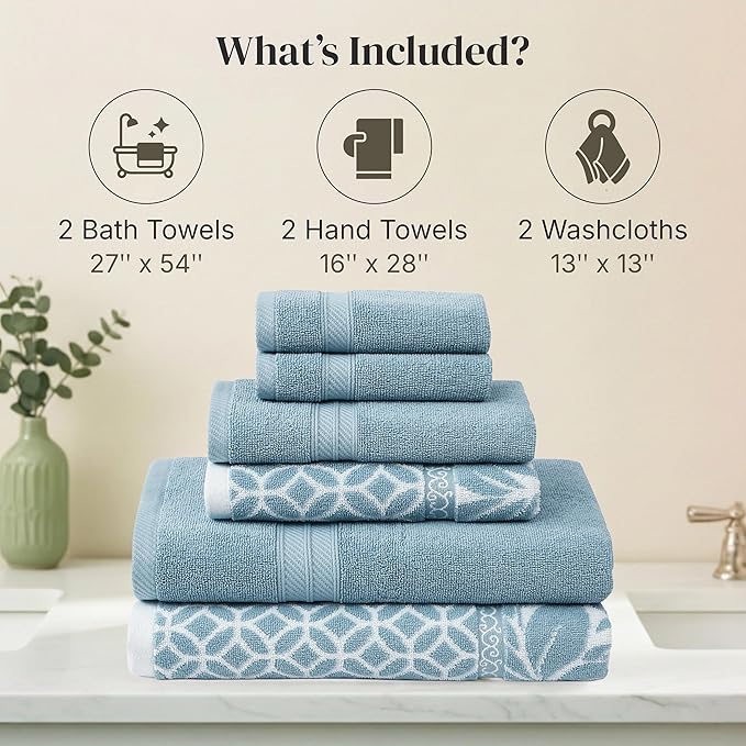 Modern Threads Trefoil Filigree 6-Piece 100% Cotton Towel Set – Reversible Yarn