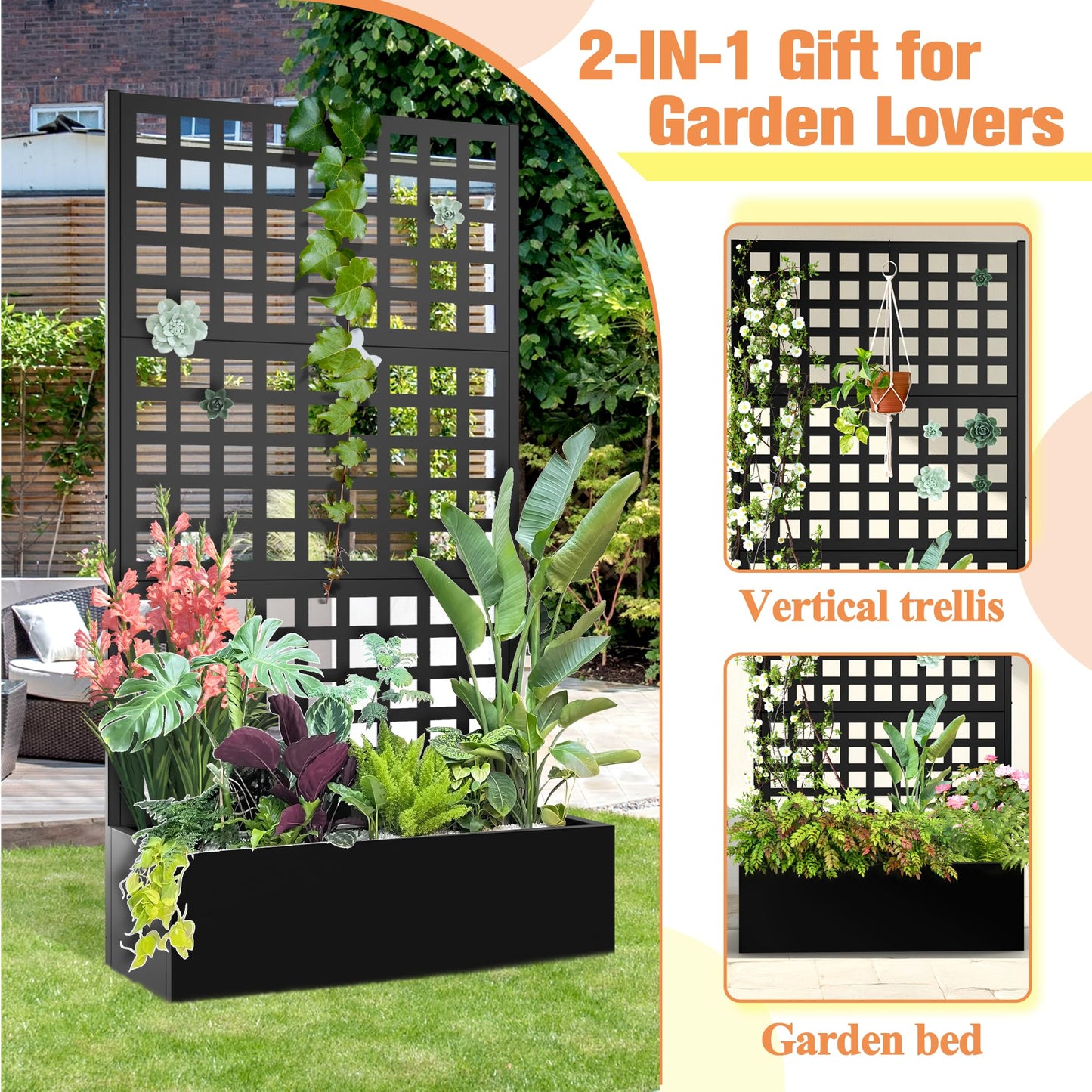 TUYOHW Metal Planter Box with Trellis, Raised Garden Bed with Privacy Screen, Outdoor Planter Box for Climbing Plants, Vine Support Flower Bed with Drainage Holes for Garden, Patio, Balcony