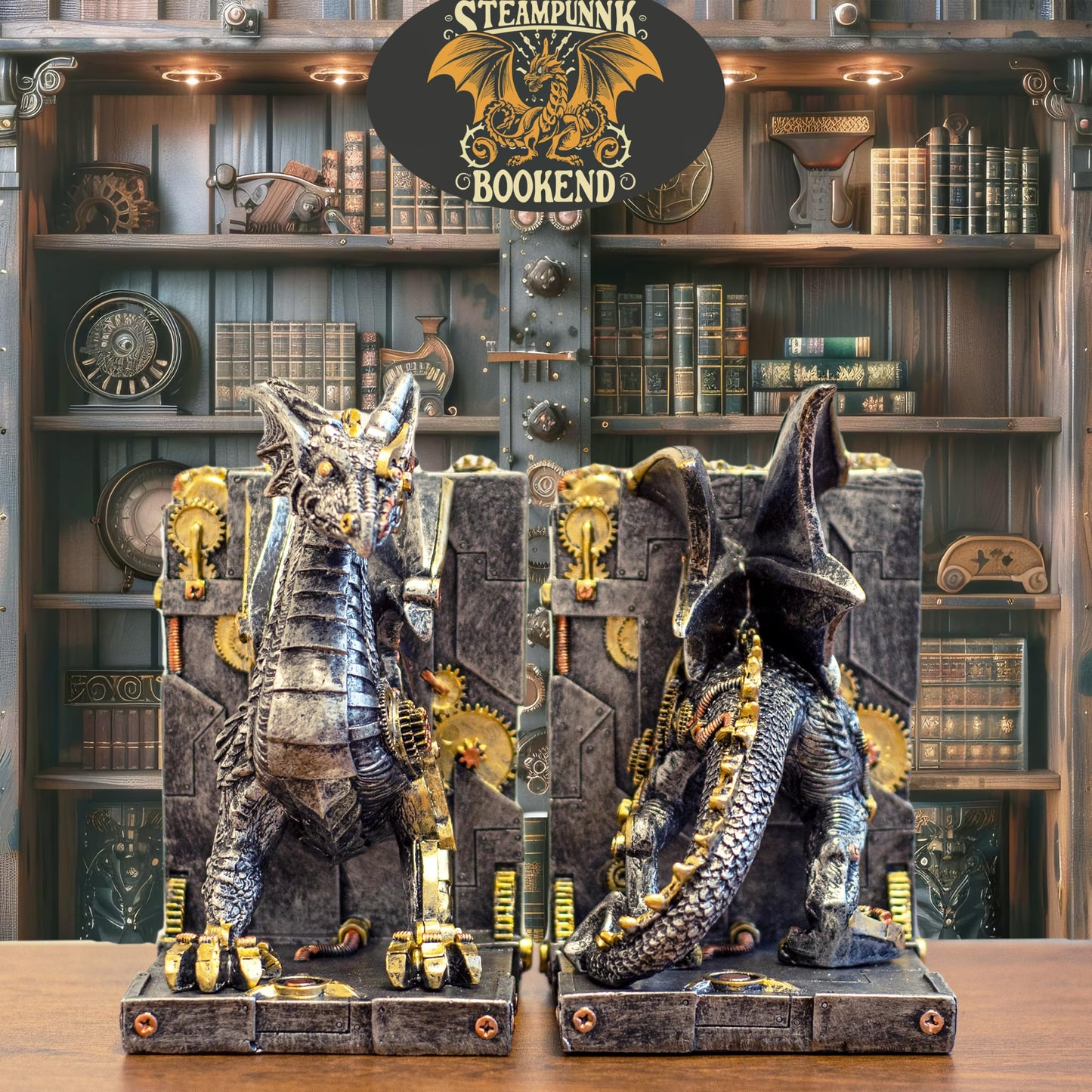 Large Steampunk Fantasy Dragon Statue, Decorative Bookends for Heavy Books, Unique Book Ends Decor for Shelves.
