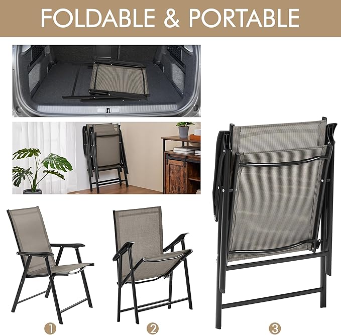 Yaheetech Outdoor Patio Chairs Set of 4, Portable Dining Chairs with Armrests for Camping, Lawn Yard Beach, Folding Outdoor Chairs 4-Pack with Metal Frame, Brown