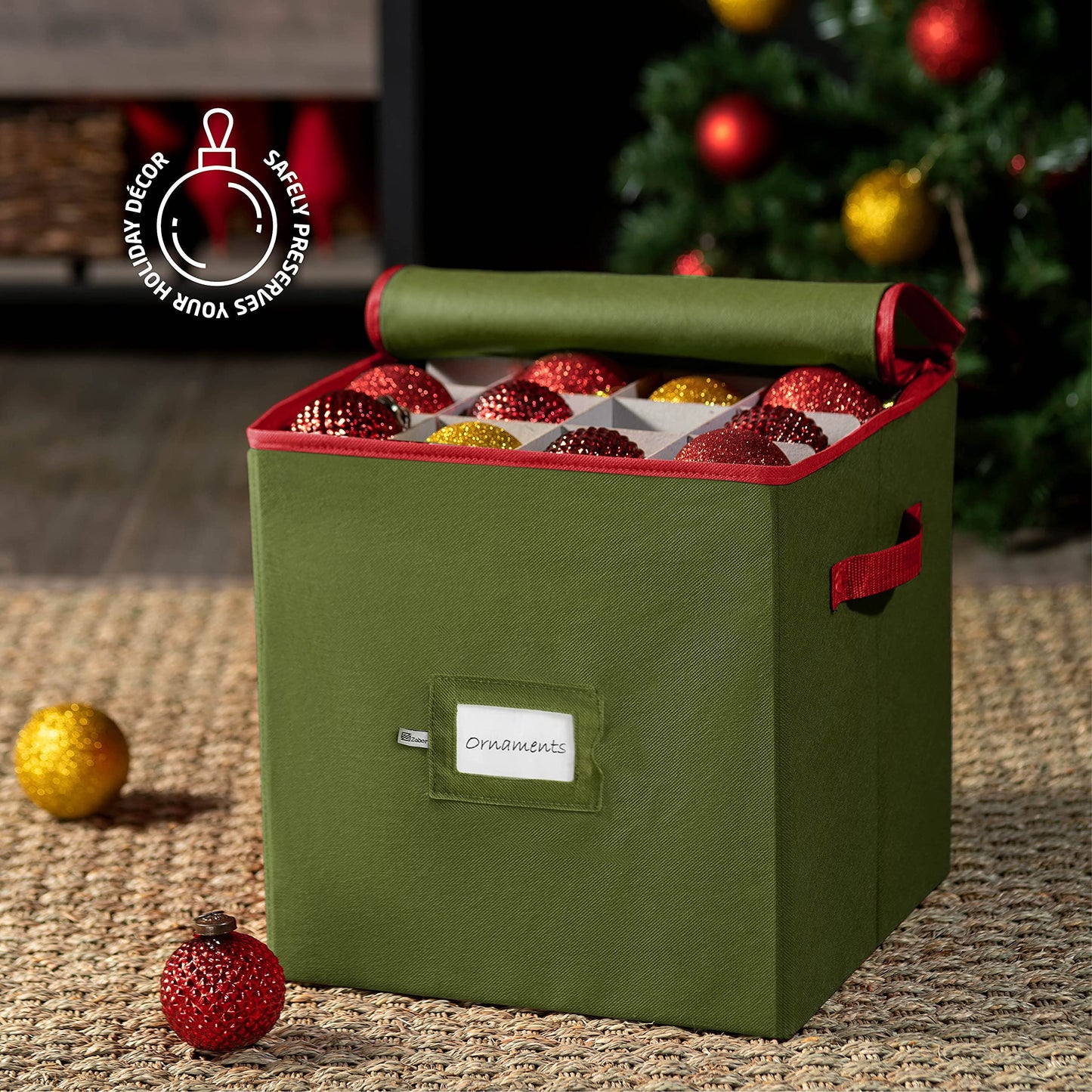ZOBER Christmas Ornament Storage Box - Stores 64 3" Ornaments, With Dividers - Ornament Organizer Storage Box, Durable Christmas Containers Holder, Dual Zipper - Green