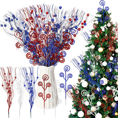 Daifunli 36 Pcs Red Blue White Patriotic Berry Stem Pick and Sprays Ornament 4th of July 17'' 12'' Artificial Flowers 250th Anniversary Independence Day Glitter Branch Stick Filler for Wreath Vase