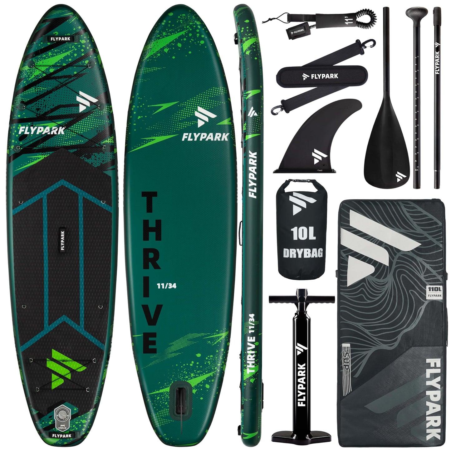 Flypark 11'x34 Inflatable Paddle Boards, Extra Wide SUP for 420lbs/3Adults, Yoga Stand Up Paddle Board, 110L Backpack, 15 D-Rings, Shoulder Strap, US-Fin, 2-Action Pump, Thrive-Green