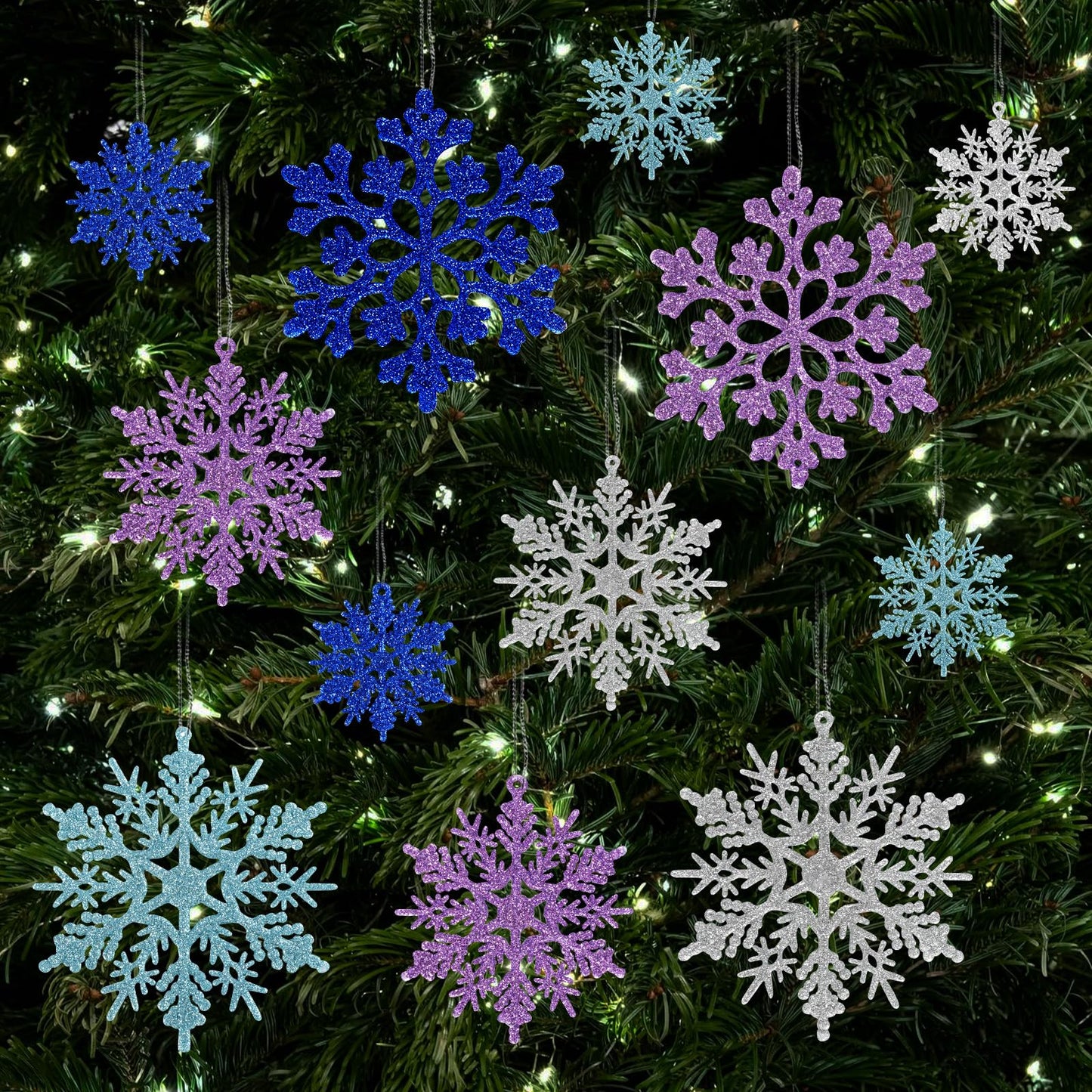 36pcs Light Purple Blue Silver Christmas Snowflake Ornaments, Plastic Glitter Hanging Snow Flakes for Christmas Tree Decorations Winter Wonderland Frozen Birthday Party Home Decor Craft Snowflakes