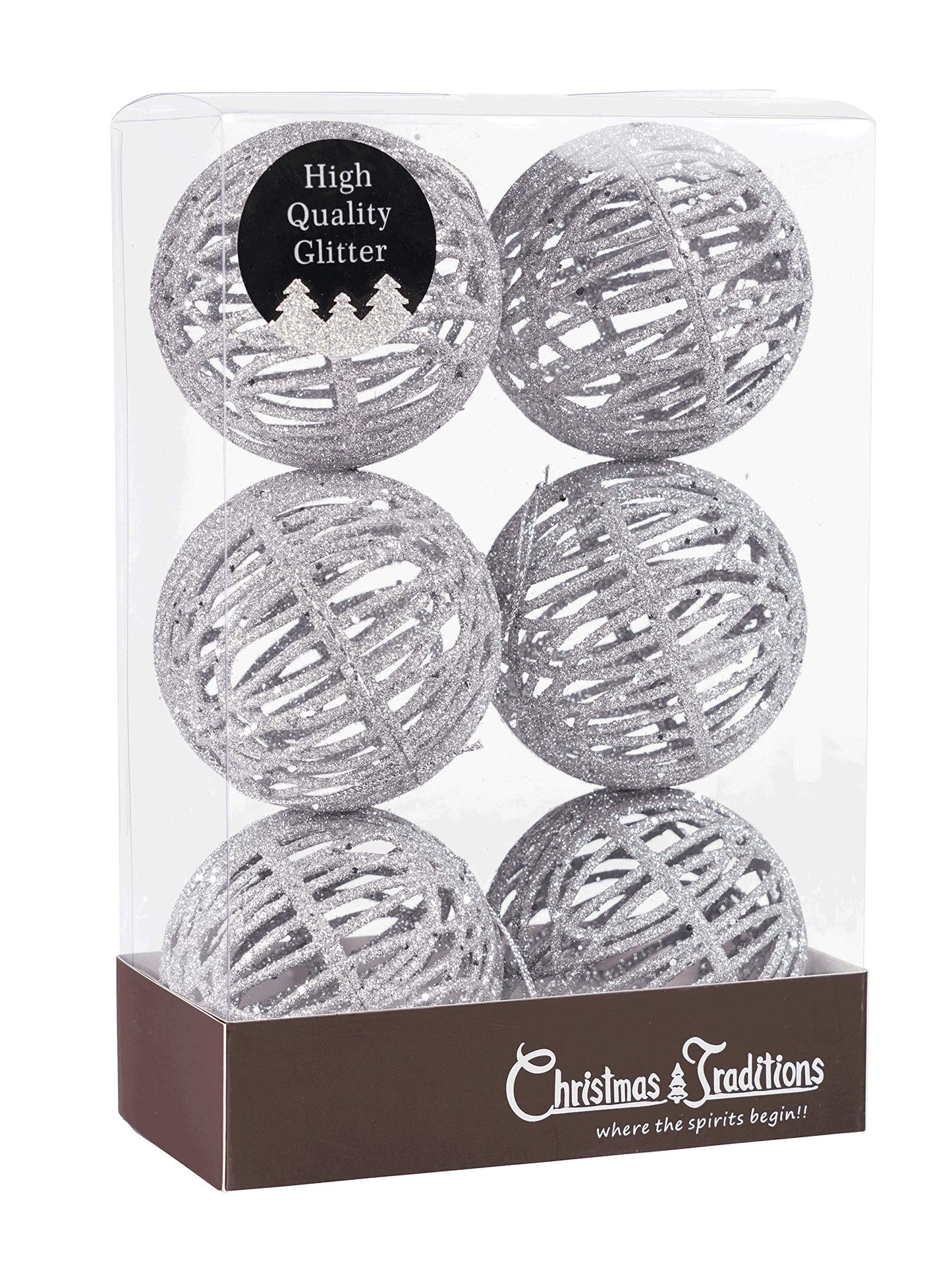 Christmas Traditions 4 inch Silver Glittered Rattan Ball Ornaments Hanging Tree Decorations (Set of 6)