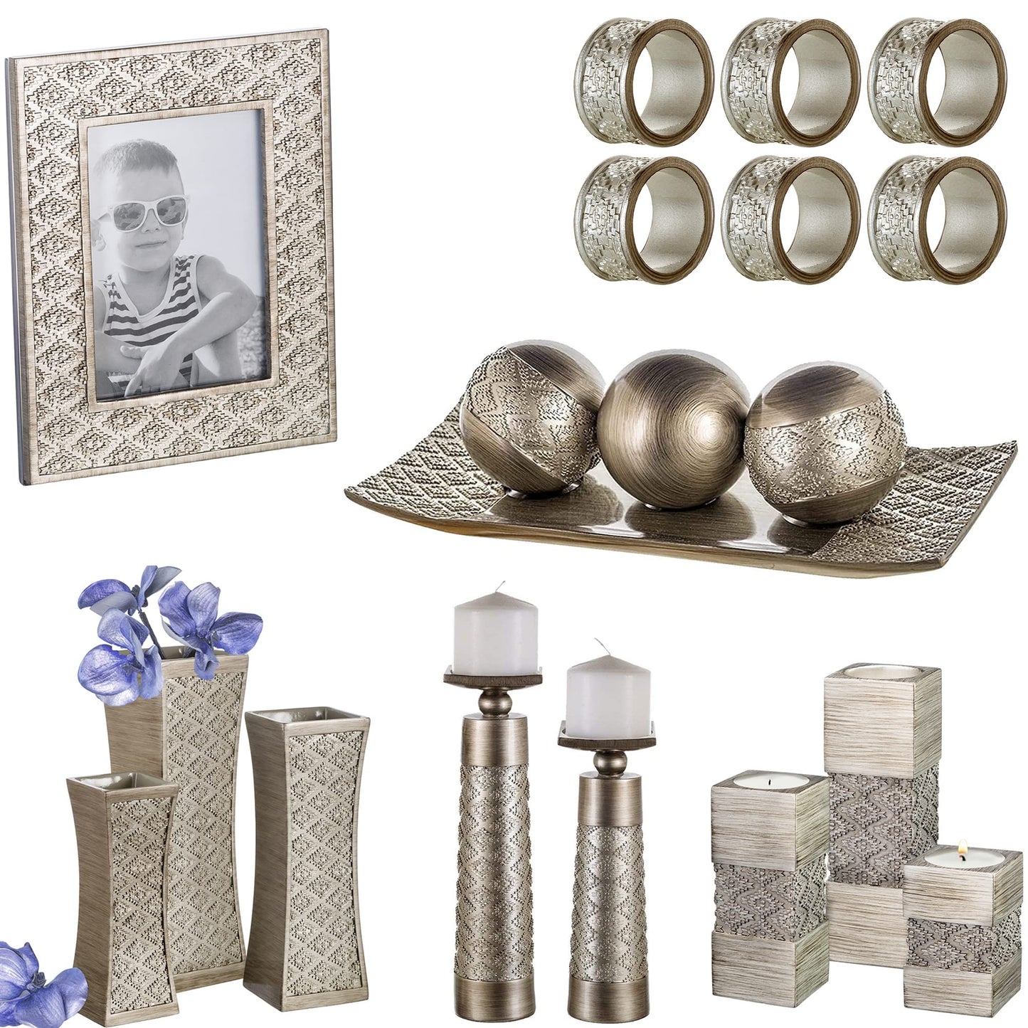 Creative Scents Dublin Silver Home Decor Tray with Orbs Set and Matching Set of 2 Candle Holders with Set of 6 Napkin Rings - Coffee Table Mantle Decor Centerpiece Table Decorations for Living Room