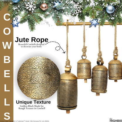 HIGHBIX Shabby Chic Floral Etching Bells on Metal Hanging Rod X-Large Handmade Farmhouse Decor, Garden Accents, and Christmas Holiday Decorations