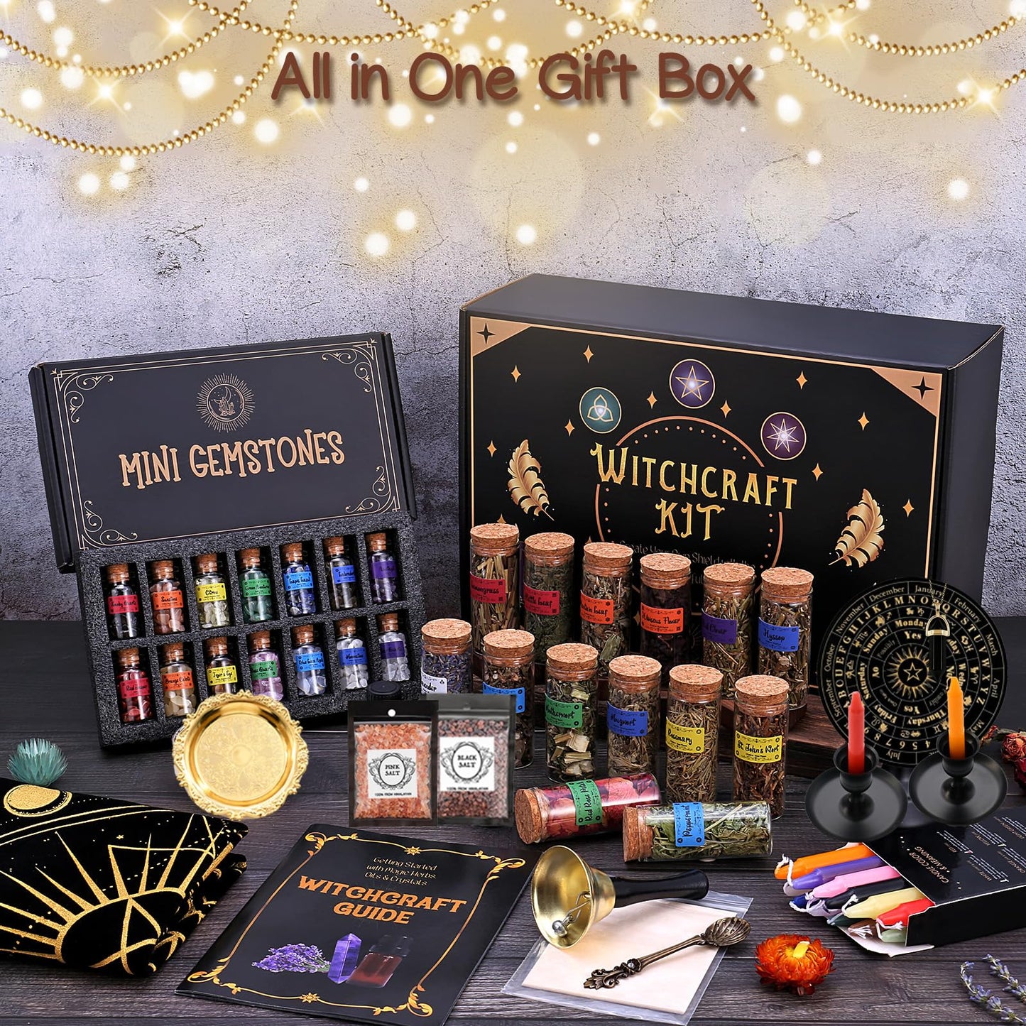 Cikuco Witchcraft Supplies Kit for Witch Spells,63PCS Witch Stuff,Wiccan Supplies and Tools,Including Herbs for Witchcraft,Crystals and Healing Stones,Spell Candles,Wiccan Starter Kit