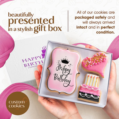 Happy Birthday Gift Basket Custom Sugar Cookies - Happy Birthday Cookies in Gift Box, Hand Decorated Kosher Treats for Women, Her, Wife - Bakery & Dessert Gifts as a Birthday Cake