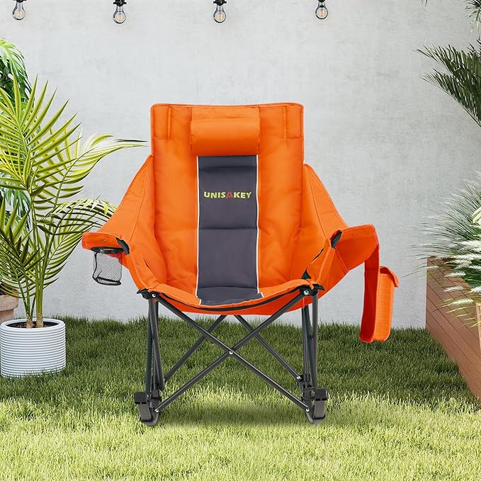 Oversized Rocking Camping Chair with Headrest & Cup Holder - 400lbs Capacity, 600D Oxford Fabric, Easy Fold Portable Outdoor Rocker Chair for Camping, Backyard, Beach, Orange