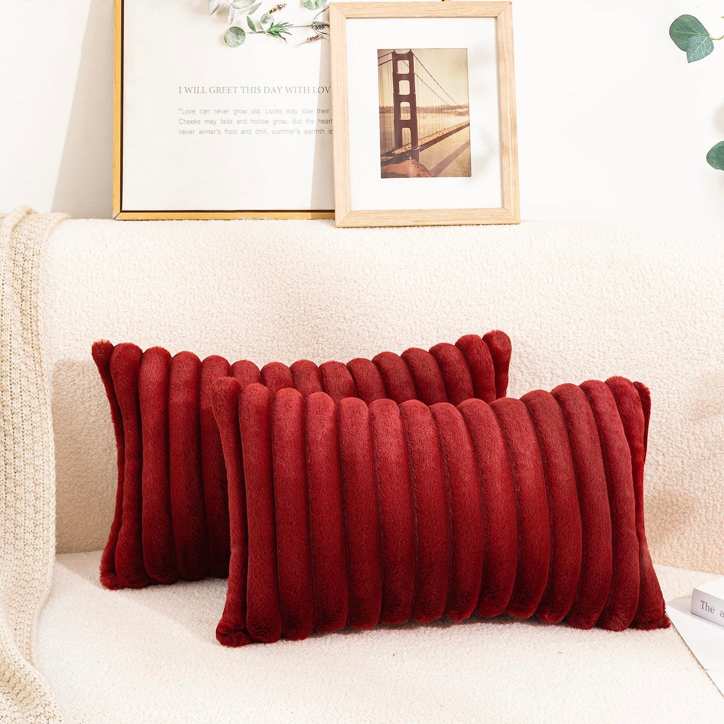 Uhomy Set of 2 Faux Fur Plush Christmas Red Decorative Throw Pillow Covers Fuzzy Striped Soft Pillowcase Cushion Covers for Sofa Couch Bedroom 12x20 inch 30x50 Cm Burgundy Red