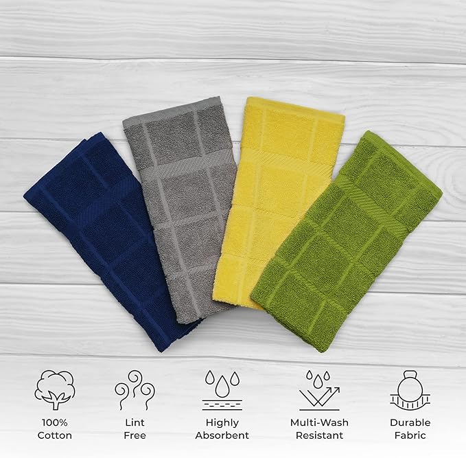 100% Cotton Terry Dish Towels, 4 Pack Solid, 16 x26 Inches, Super Soft and