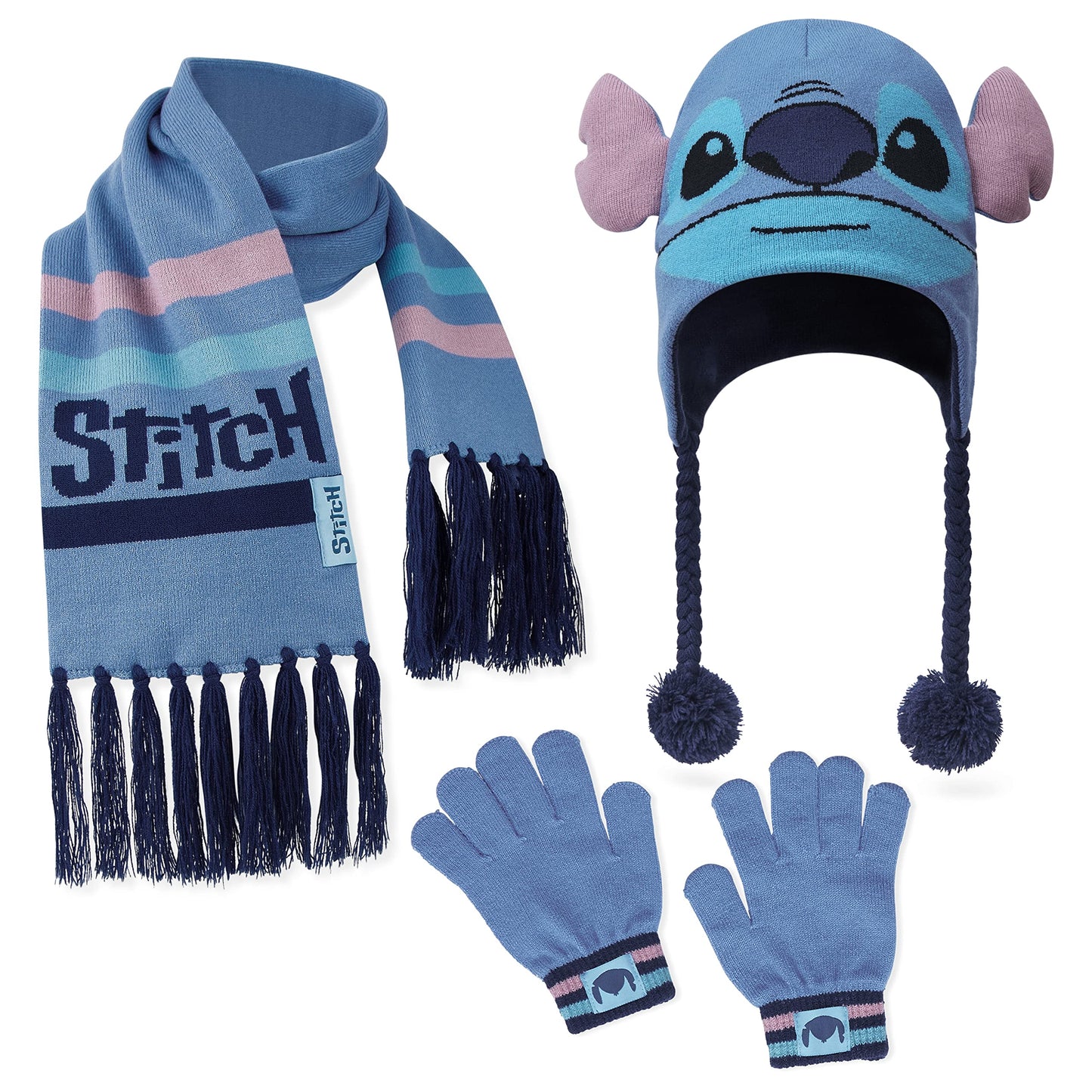 Disney Stitch Girls Beanie Scarf Teenagers Kids Gloves Winter Accessories School Travel Stitch Gifts, Choose from Sets (Blue Stitch 3 Pcs)