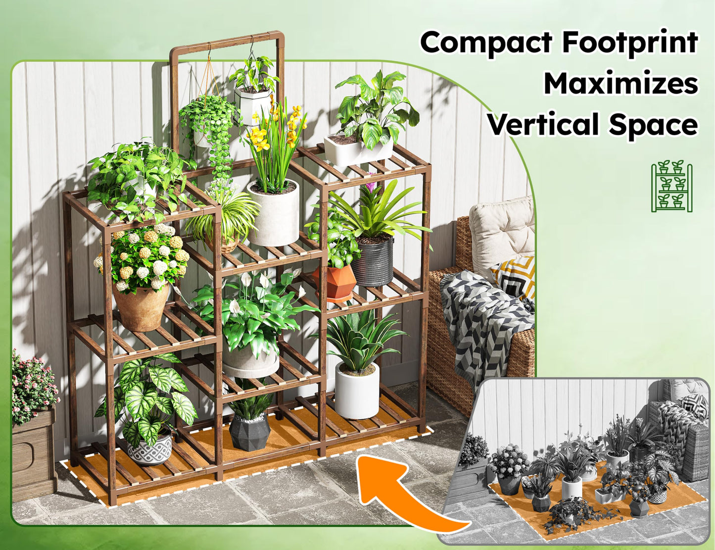 EnHomee Plant Stand, 8 Tiers Indoor Plant Stand for Multiple Plants Pot, Wood Plants Shelves for Living Room, Patio, Balcony, Yard, Garden, 34.3" W x 11.8" D x 47.2" H