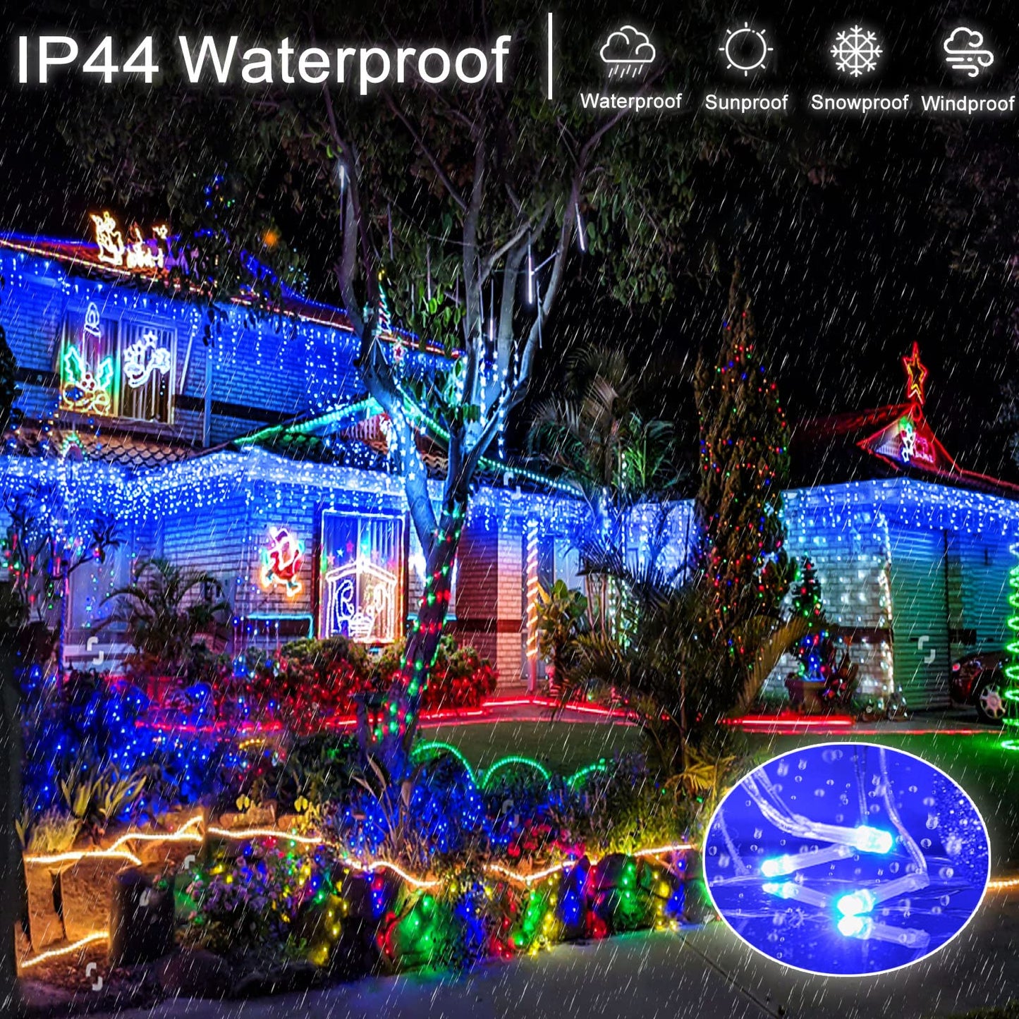 Einiiya Icicle Christmas Lights Outdoor, 33 FT 400 LED Icicle Lights for Outside 8 Modes with 75 Drops, Plug in Waterproof Hanging Christmas Light for Holiday Pavilion Balcony Decorations, Blue