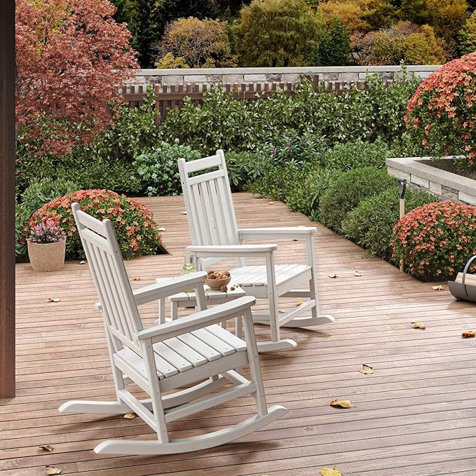 GarveeLife Poly Lumber Rocking Chair Outdoor Set of 2 - HDPE High Back Porch Rocker Chairs for Adults - All Weather Resistant Furniture for Patio - White
