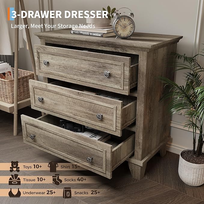 IDEALHOUSE 3 Drawer Dresser, Wooden Storage Chest of Drawers