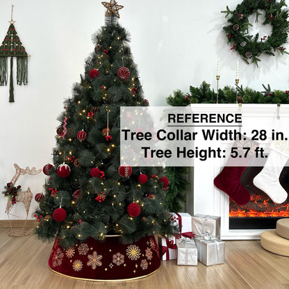 Starry Dynamo 28-Inch Velvet Burgundy Christmas Tree Collar with Embroidered Snowflakes, Foldable Tree Ring Base Cover for 5–7 ft Trees