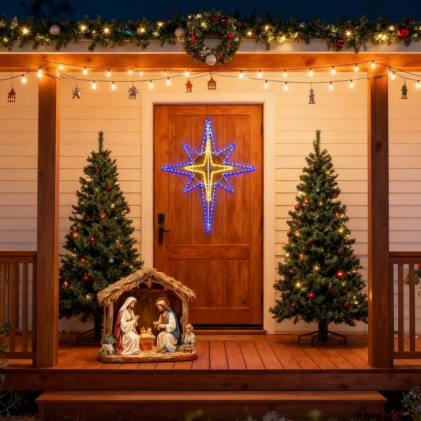 Wettal 36'' Christmas Star of Bethlehem LED Star Hanging Lights Nativity Holy Family Light for Door Window Porch Wall Decoration Plug Operated Lighted Hanging Tree Topper(Blue, Warm Light)