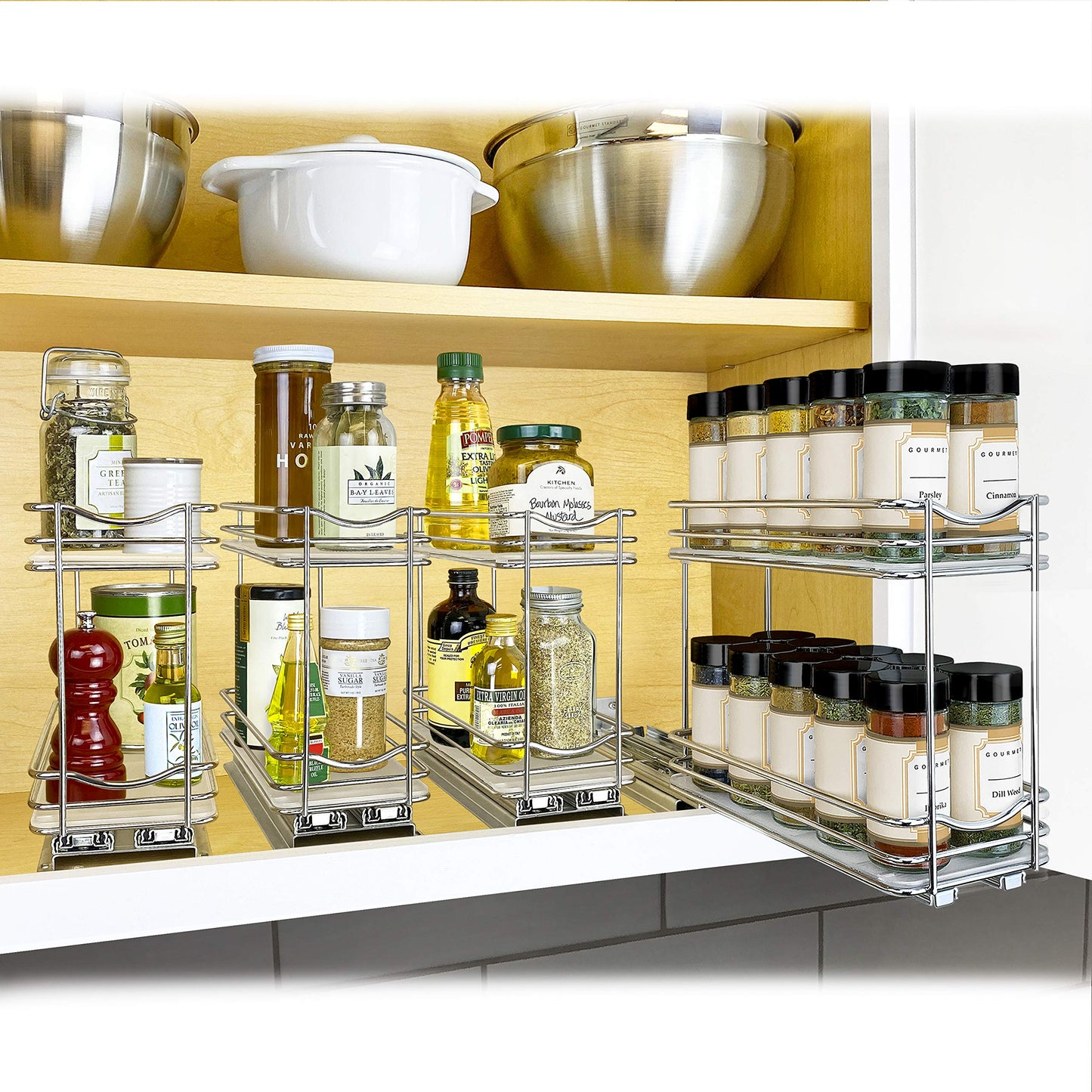 LYNK PROFESSIONAL® Pull Out Spice Organization for Cabinets - 4-3/8 inch Wide – Spice Rack for Inside Cabinets, Slide Out Spice Rack Organizer for cabinet – Pull Out Spice Rack, Sliding 2 Tier Chrome