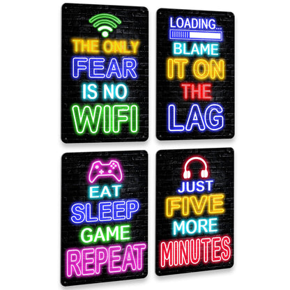 Drsoum Video Gamer Room Decor for Boys Gaming Wall Decor Neon Gaming Room Metal Sign 12 x 8 Inch Set of 4 - Gamer Wall Decor Teenage Boy Room Decor