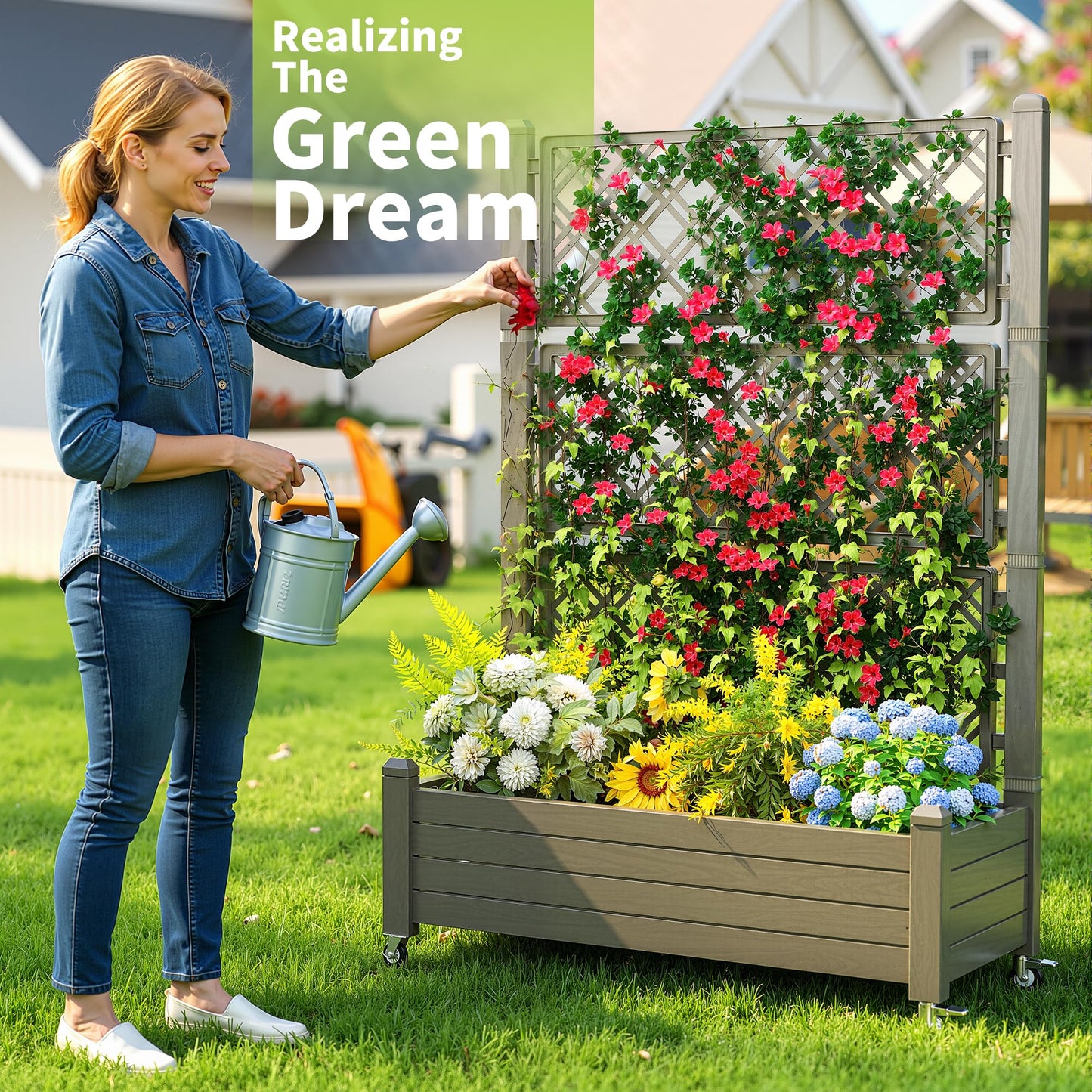 GYMHILL Elevated Raised Garden Bed with Trellis,Outdoor Large Resin Patio Planter Box with Lockable Wheels Drain Plug,Water Monitor for Plants Vegetables Flowers Fruits (Grey, 43.43 * 18.27 * 64.29)