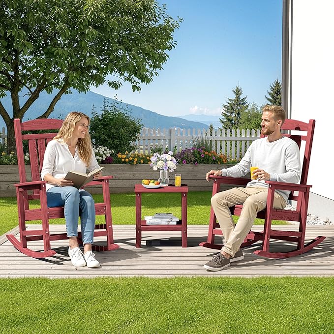 SERWALL Patio Rocking Chairs Set of 4, HDPE Outdoor Rockers for Adults, Oversized All-Weather Porch Rocking Chairs, Red