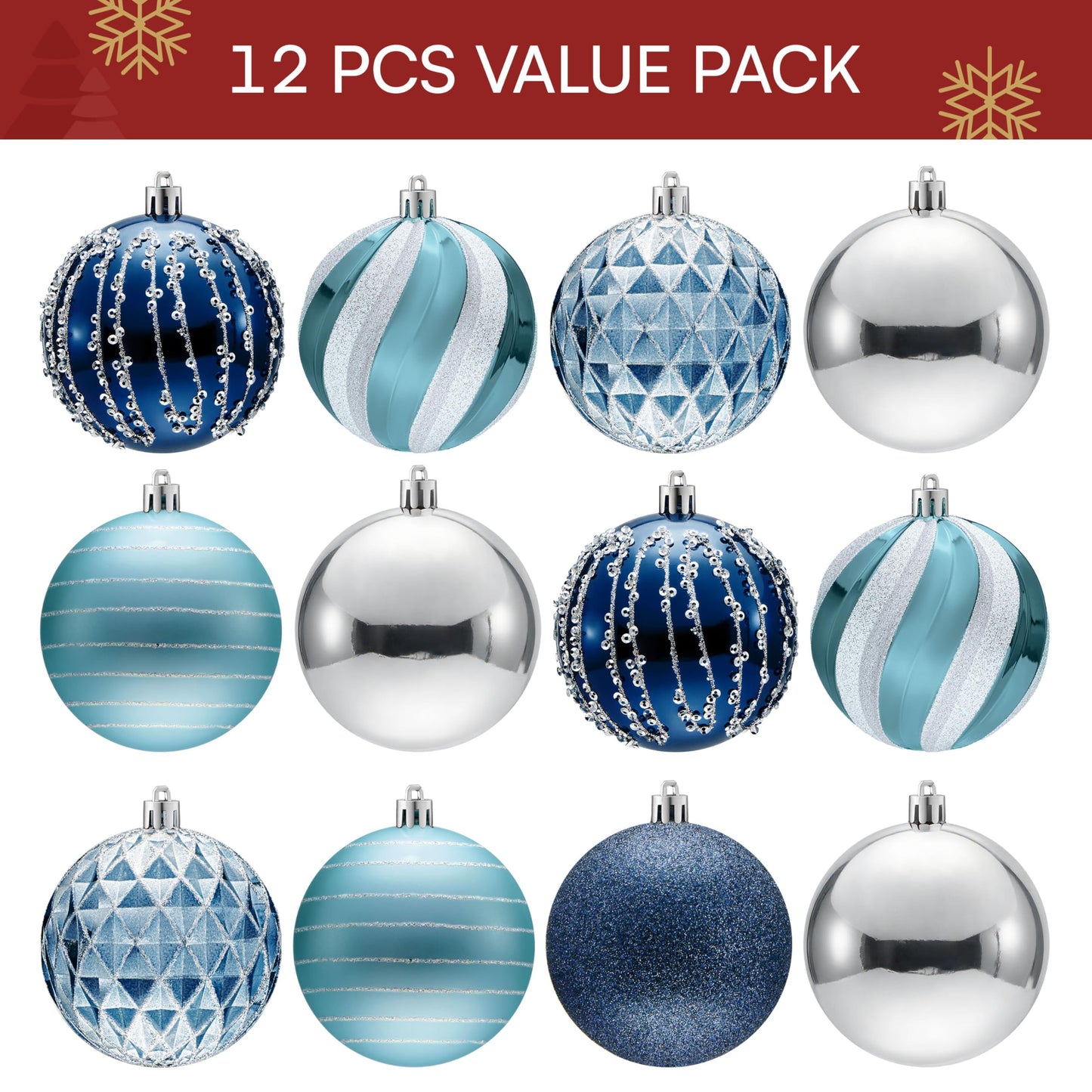JOYIN 12 Pcs Blue Silver Christmas Balls Ornaments Set, 3.15'' Glittering Tree Hanging Christmas Decorations, Xmas Large Shatterproof Indoor Decor for Tree Wreath Holidays Wedding Party