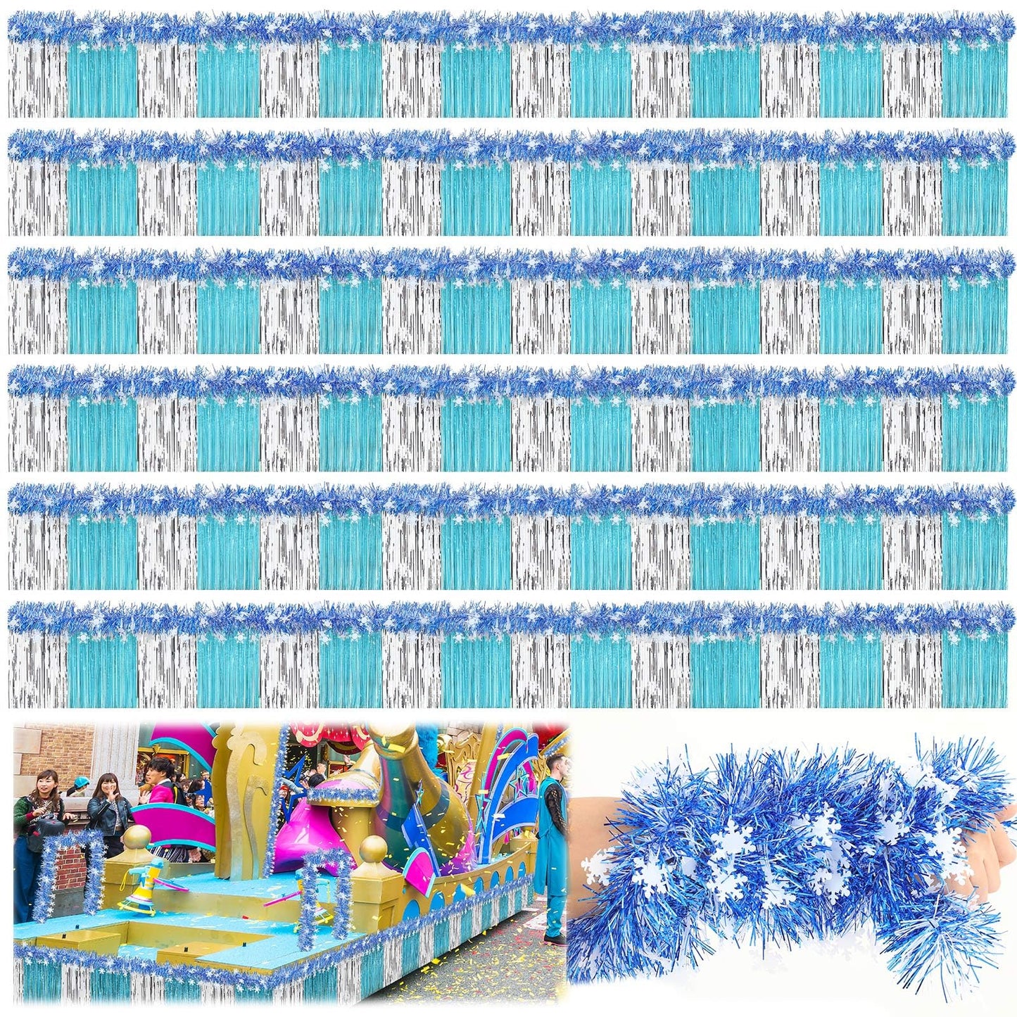 Crowye Christmas Parade Float Decorations Kit Included 9.85 feet Metallic Foil Fringe Curtains 9.85 ft Tinsel Garlands for Christmas Trailer Party Holiday(Blue, Silver,157.48 ft,Snowflake)