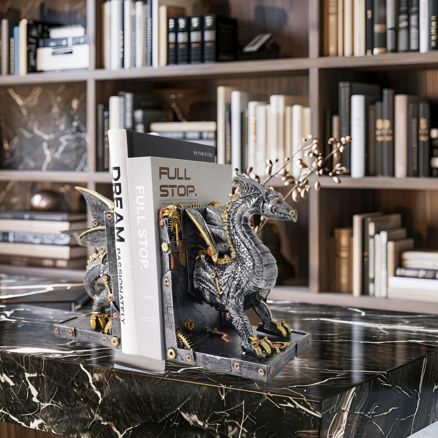 Large Steampunk Fantasy Dragon Statue, Decorative Bookends for Heavy Books, Unique Book Ends Decor for Shelves.
