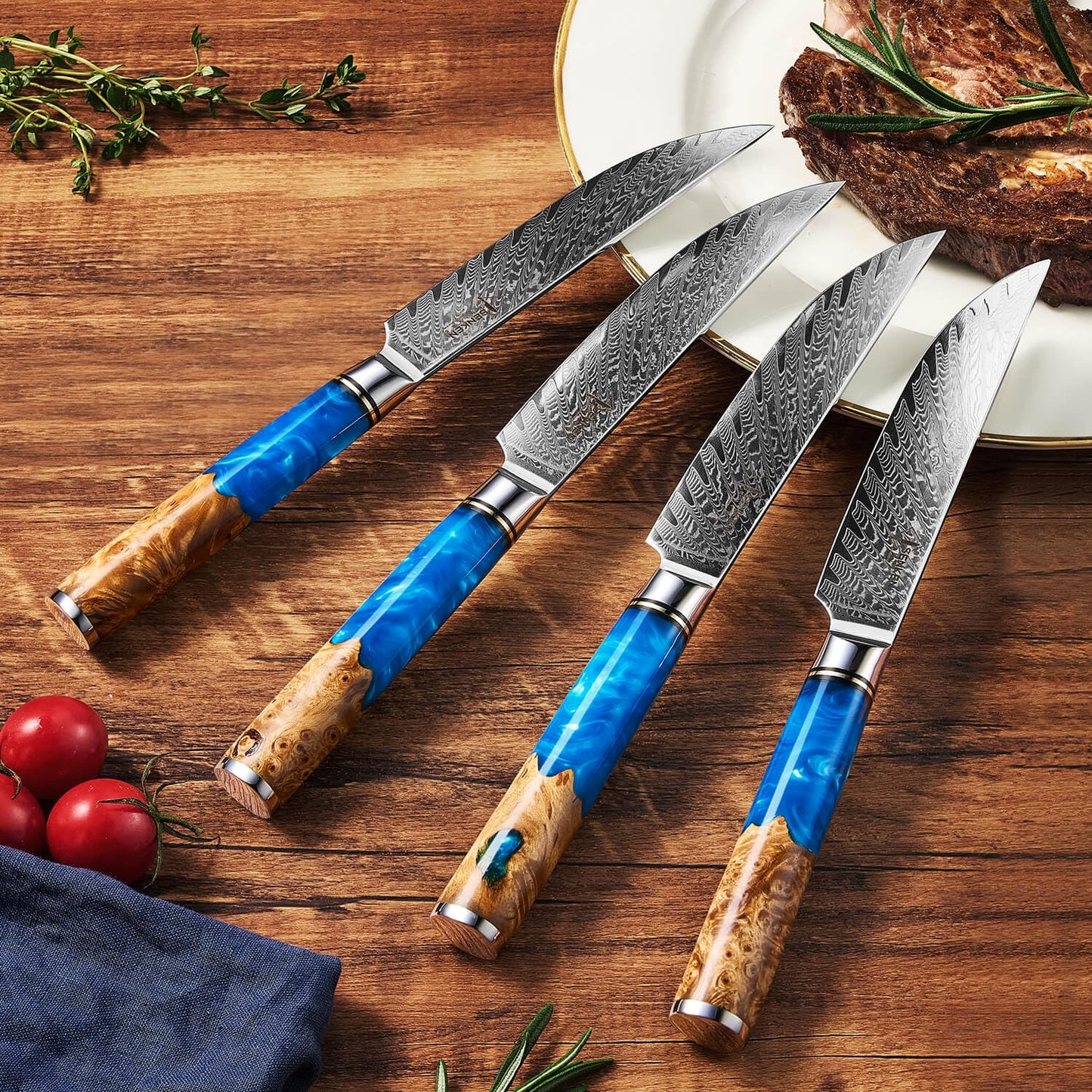 SENKEN Damascus Steak Knife Set - Tsunami Collection - 67-Layer Japanese VG10 Steel - Razor Sharp Non-Serrated Blades, Blue Resin & Natural Wood Pattern Handles, Luxury Gift Box (8 Steak Knife Set)