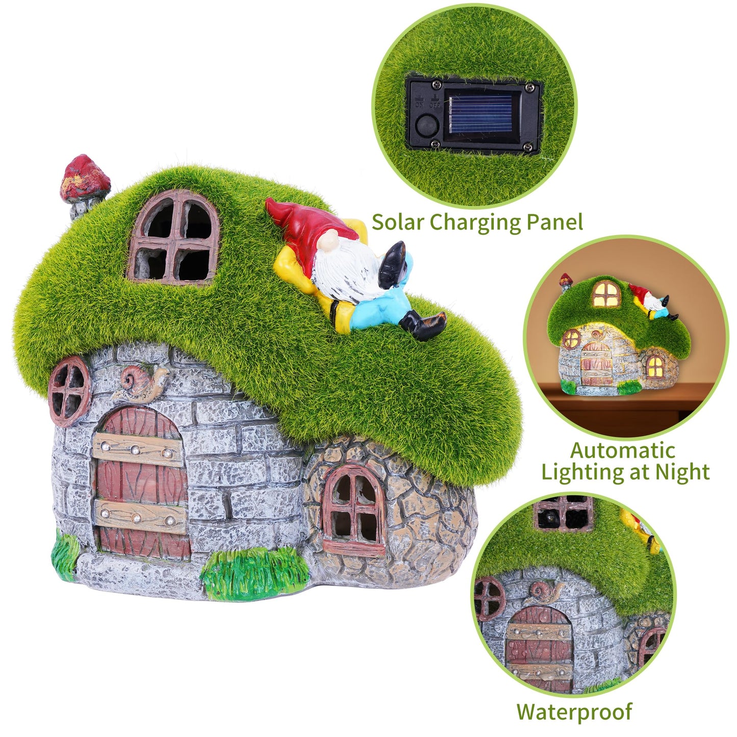 ILLUMINEW House Garden Statues with Solar Lights, LED Cute Flocked Fairy House with Gnomes Garden Figurine, Outdoor Patio Yard Lawn Decorations Gift