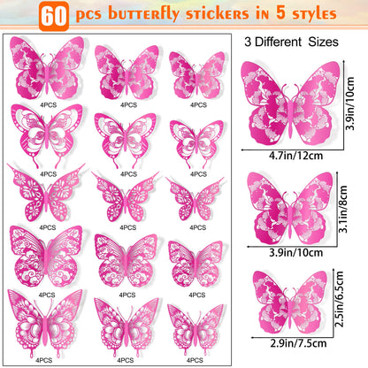 3D Butterfly Wall Decor 60pcs 5 Styles 3 Sizes Butterflies Wall Sticker Removable DIY Hollow PVC Butterfly Wall Decals for Kids Baby Bedroom Girls Teens Nursery Classroom Wedding Birthday Cake Party