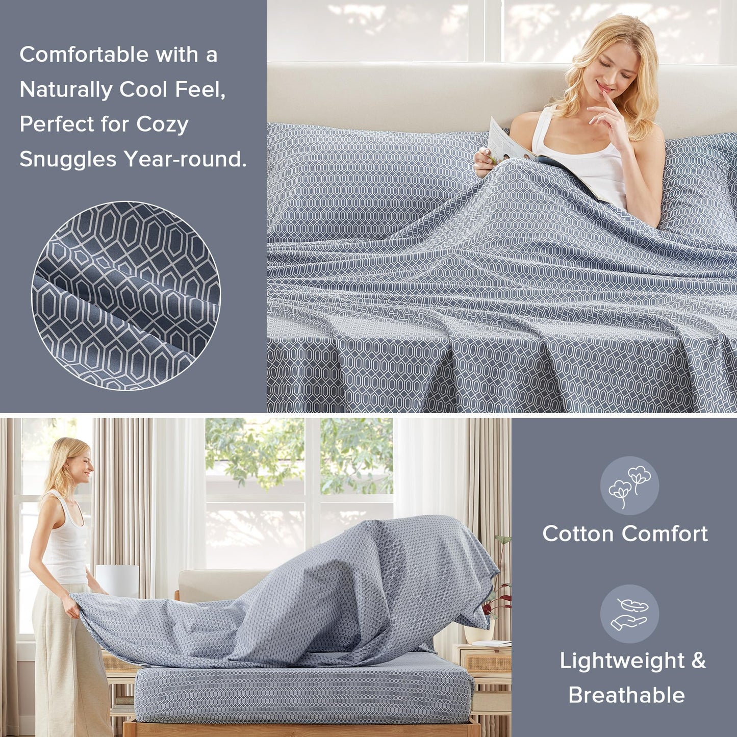 Comfort Spaces 100% Cotton Sheet Set Breathable, Lightweight, Soft with 14" Elastic Pocket Fits up to 16" Mattress, All Season Cozy Bedding, Matching Pillow Case, Cal King Diamond Blue 4 Piece