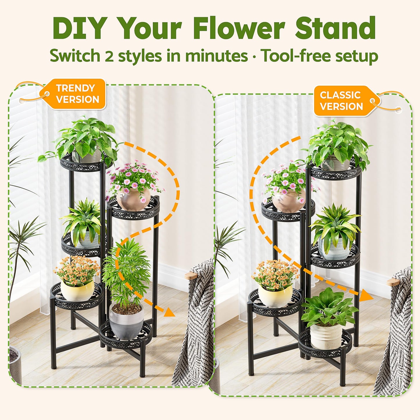 NQW Plant Stand Indoor Outdoor, 5 Tier Corner Metal Flower Display Holder Shelf, Folding Tall Rack for Patio Balcony Porch Garden Living Room House, Heavy Duty Wrought Iron Plant Shelf- BlackWave