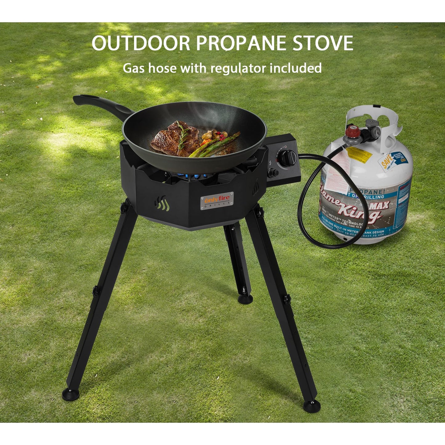 ONLYFIRE GRILLS Portable Gas Burner with Adjustable Removable Legs, Propane Camping Stove for Backyard RV Tailgating Outdoor Cooking, for Wok, Skillet, Frying Pan, Pot, 4FT Hose, 65000BTU, GS301