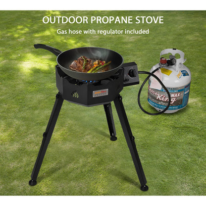 ONLYFIRE GRILLS Portable Gas Burner with Adjustable Removable Legs, Propane Camping Stove for Backyard RV Tailgating Outdoor Cooking, for Wok, Skillet, Frying Pan, Pot, 4FT Hose, 65000BTU, GS301