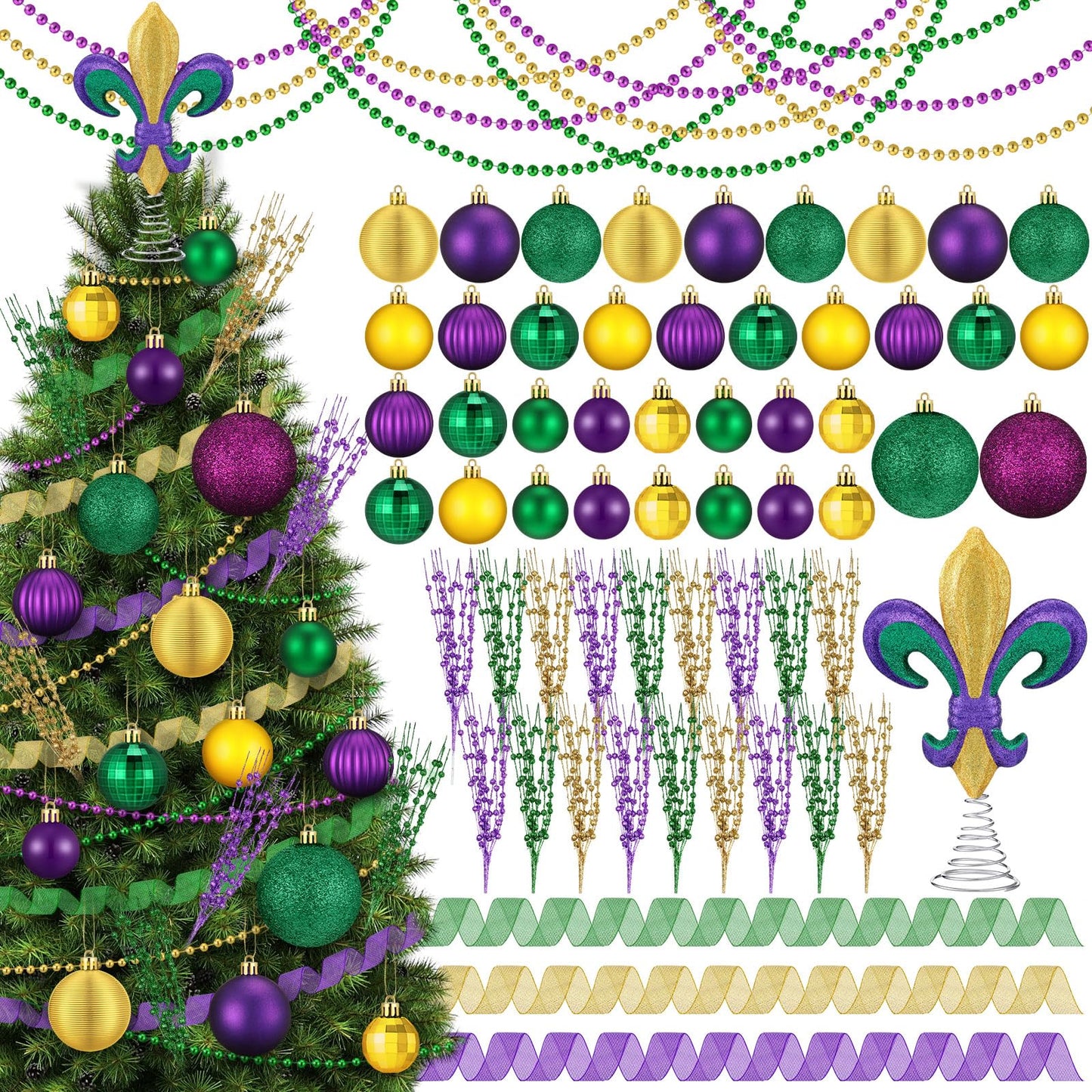 Vertintong 69 Pcs Mardi Gras Decorations Set Mardi Gras Tree Decor Bulk Purple Yellow Green Ball Ornament Fleur-de-lis Wired Berry Stems Beads Ribbon for Xmas Holiday Party Tree Ornaments