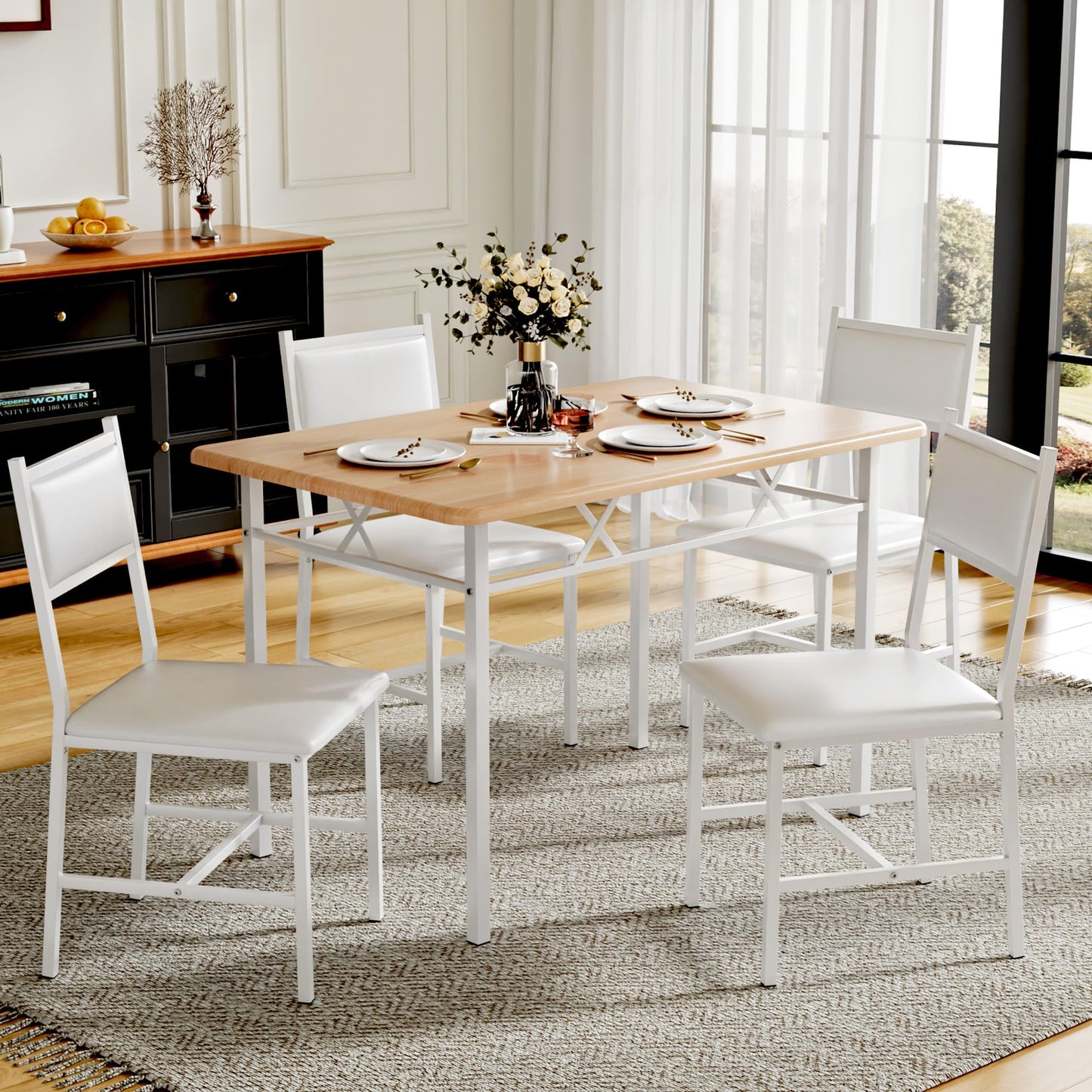 VECELO Dining Table Set for 4 with Chairs, 5-Piece Kitchen Table and Upholstered Padded Chairs Set for Small Space, Dining Room, Apartment, Natural White