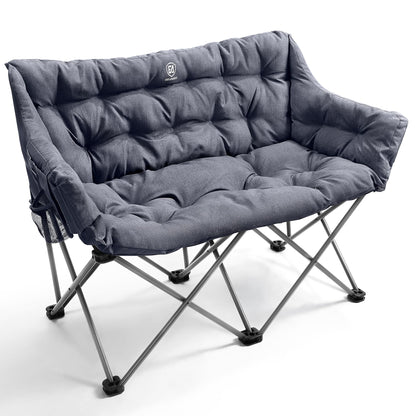 EVER ADVANCED Double Camping Chair for Adults, Padded Folding Camping Love Seat Bench with Side Pocket Portable Camping Couch, Two Person Heavy Duty Folding Outdoor Chair with Cushion,Support 600lbs
