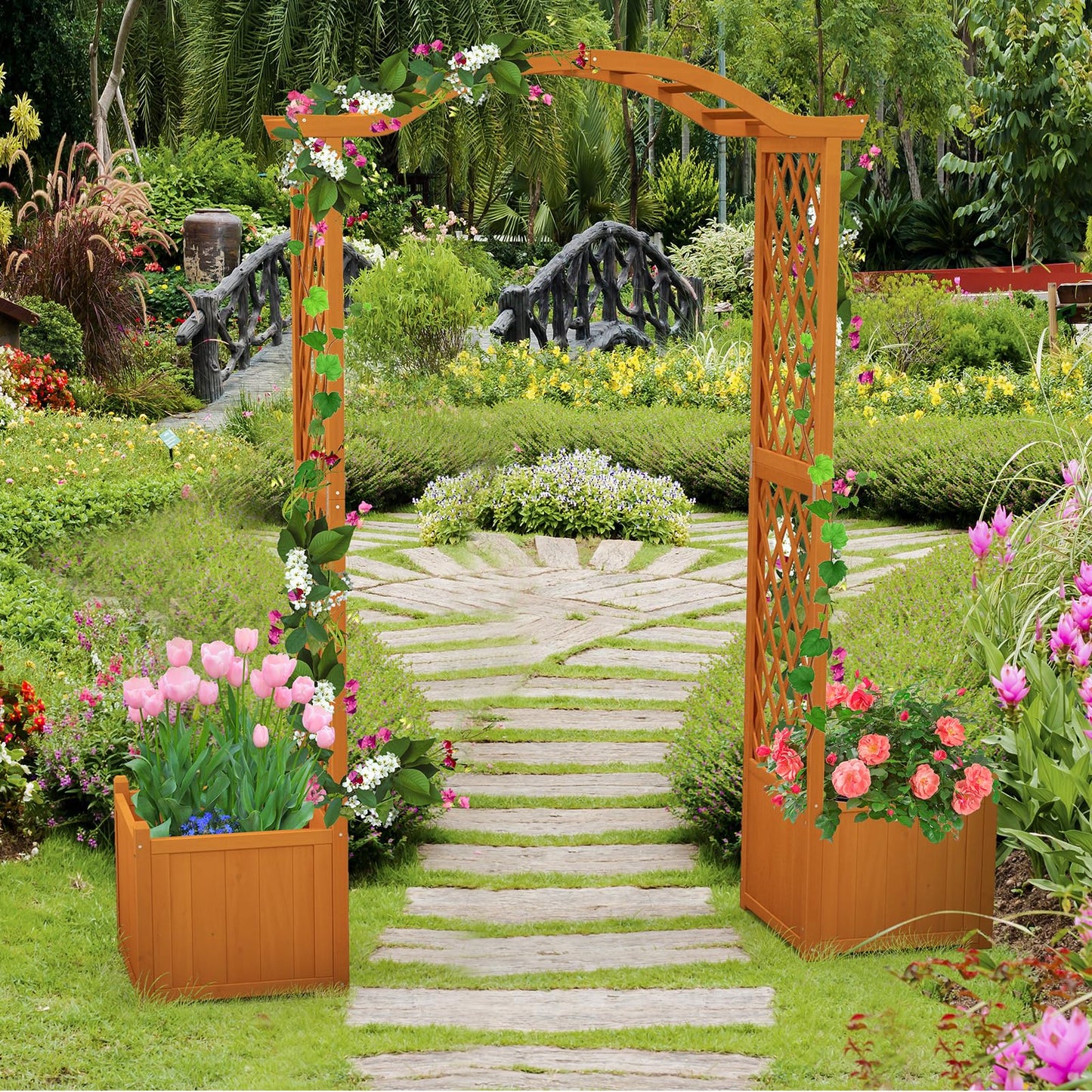 Moccha Wooden Garden Arbor with Planter - Outdoor Arbor Trellis for Climbing Plants, Roses, Vines, Outside Pergola Planter, Garden Arch for Lawn Backyard Wedding Ceremony Bridal Party (Natural)