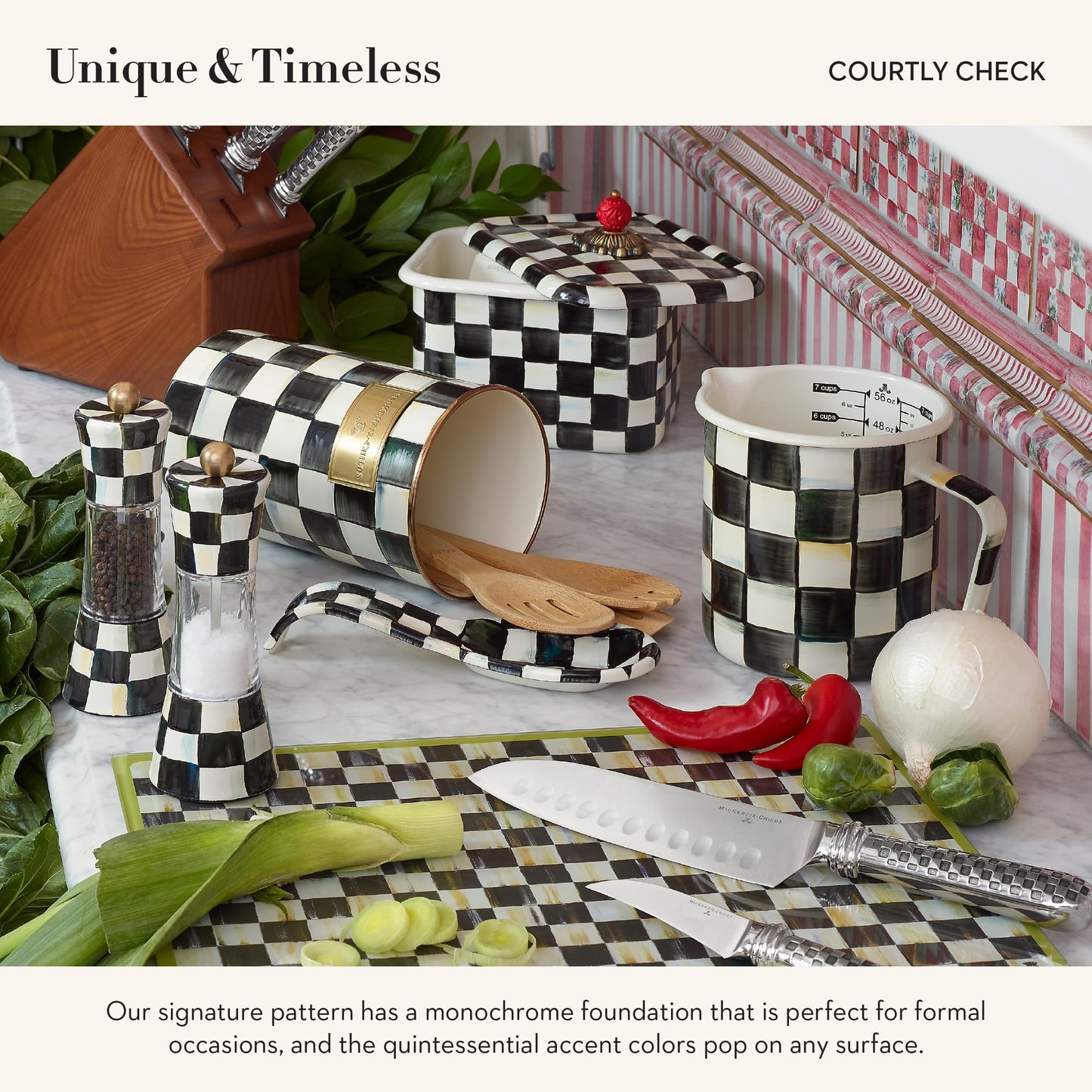MACKENZIE-CHILDS Enamel Grinder, Refillable Manual Salt Grinder and Pepper Grinder, Black-and-White Courtly Check
