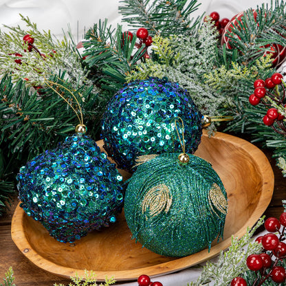 Briful 3.93'' Christmas Ball Ornaments Xmas Tree Decorations, Elegant Peacock Blue Christmas Ornaments for Home Decor Indoor Garland Holidays – Set of 12 Unique