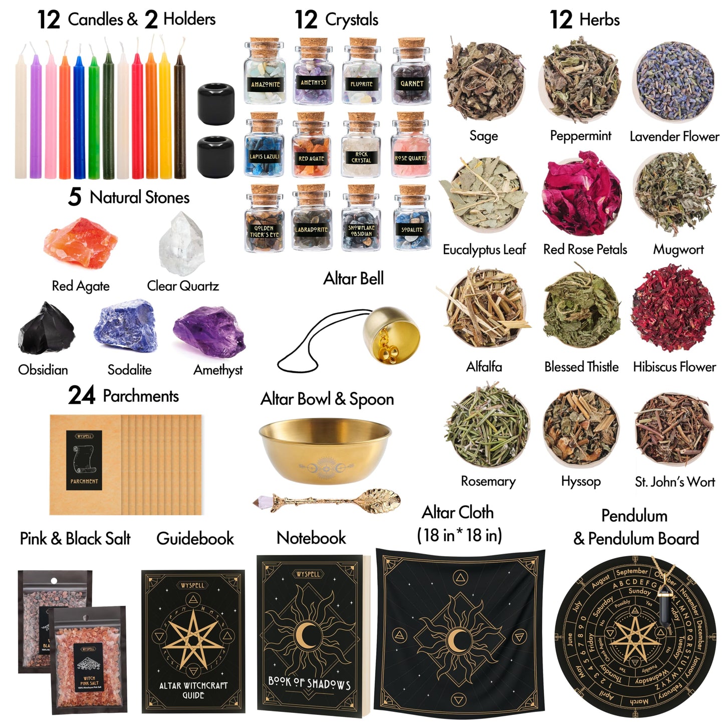 Wyspell Large Witchcraft Kit 77 PCS - Witch Altar Spell Set - Wiccan Supplies & Tools - Witchy Gifts for Beginners: Spell Candles, Dried Herbs, Crystals, Stones, Cloth, Pendulum, Bowl & Spoon