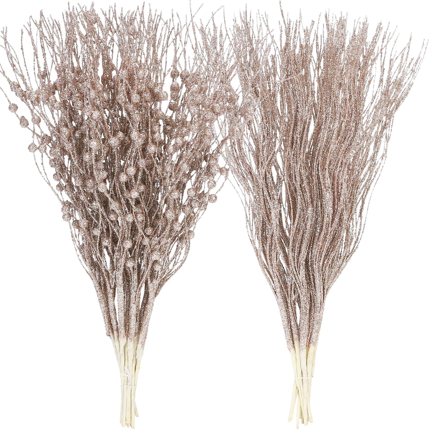 Sea Team 24-Pack Artificial Glitter Berry Stem Ornaments, Decorative Bead Sticks, Glittery Twigs, Picks, Branches for Christmas Tree, Small Vase, Holiday, Wedding, Party (15 Inches, Champagne)