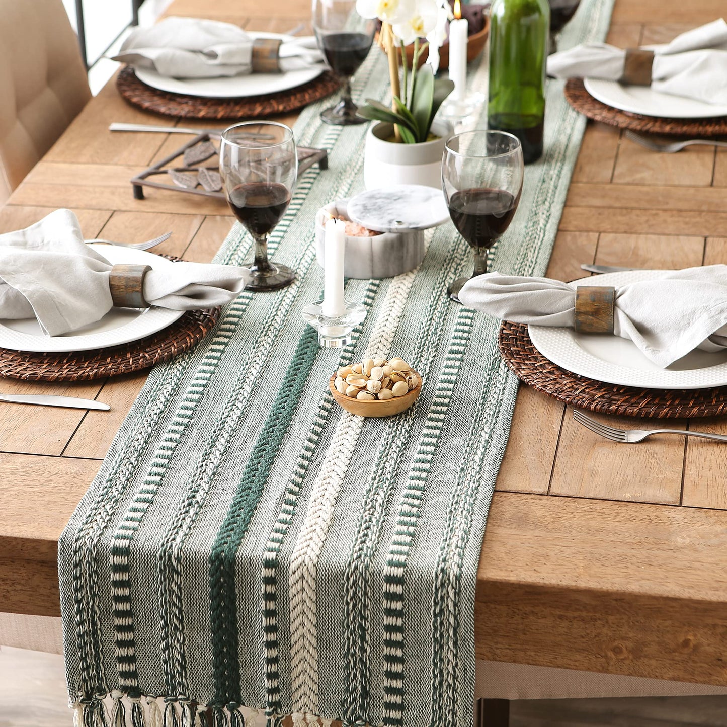 DII Farmhouse Braided Stripe Table Runner Collection, 15x108 (15x113, Fringe Included), Dark Green