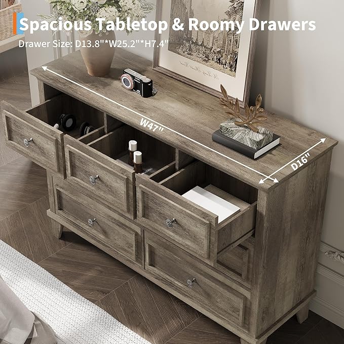 IDEALHOUSE 7 Drawer Dresser, Large Wooden Storage Chest of Drawers