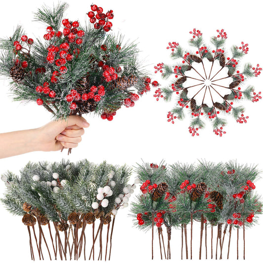 Blosssound 36 PCS Christmas Artificial Pine Branches with Snow Spray Red Berry Stems Pine Needles Faux Pine Picks Snow Floral Pine Cones for DIY Crafts Christmas Tree Garland Wreath Holiday Decor
