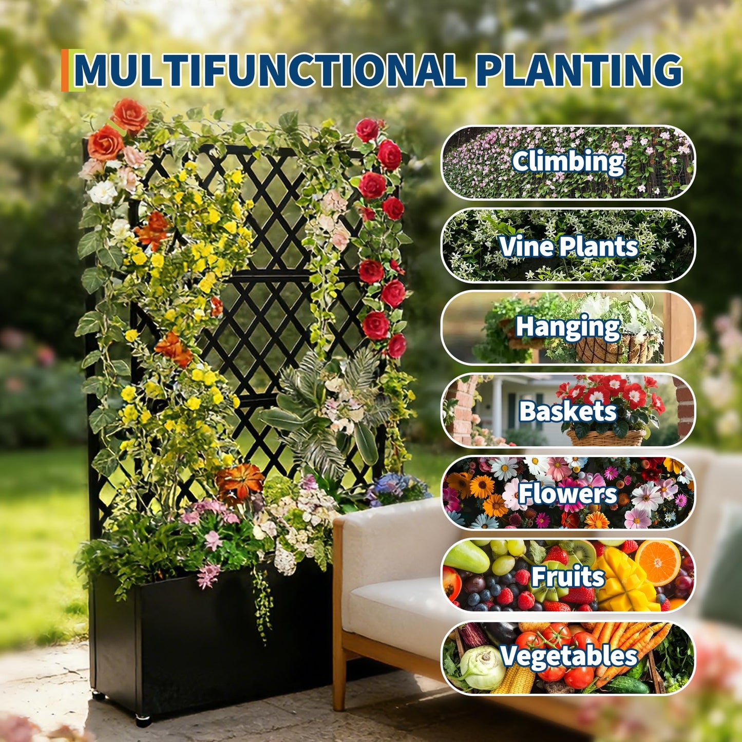 Garvee Galvanized Raised Garden Bed with Trellis, 71"X35.04"X16" Planter Box with Lockable Wheels, Drainage Holes & Privacy Screen for Vegetables, Vines on Patio, Deck, Yard, Black