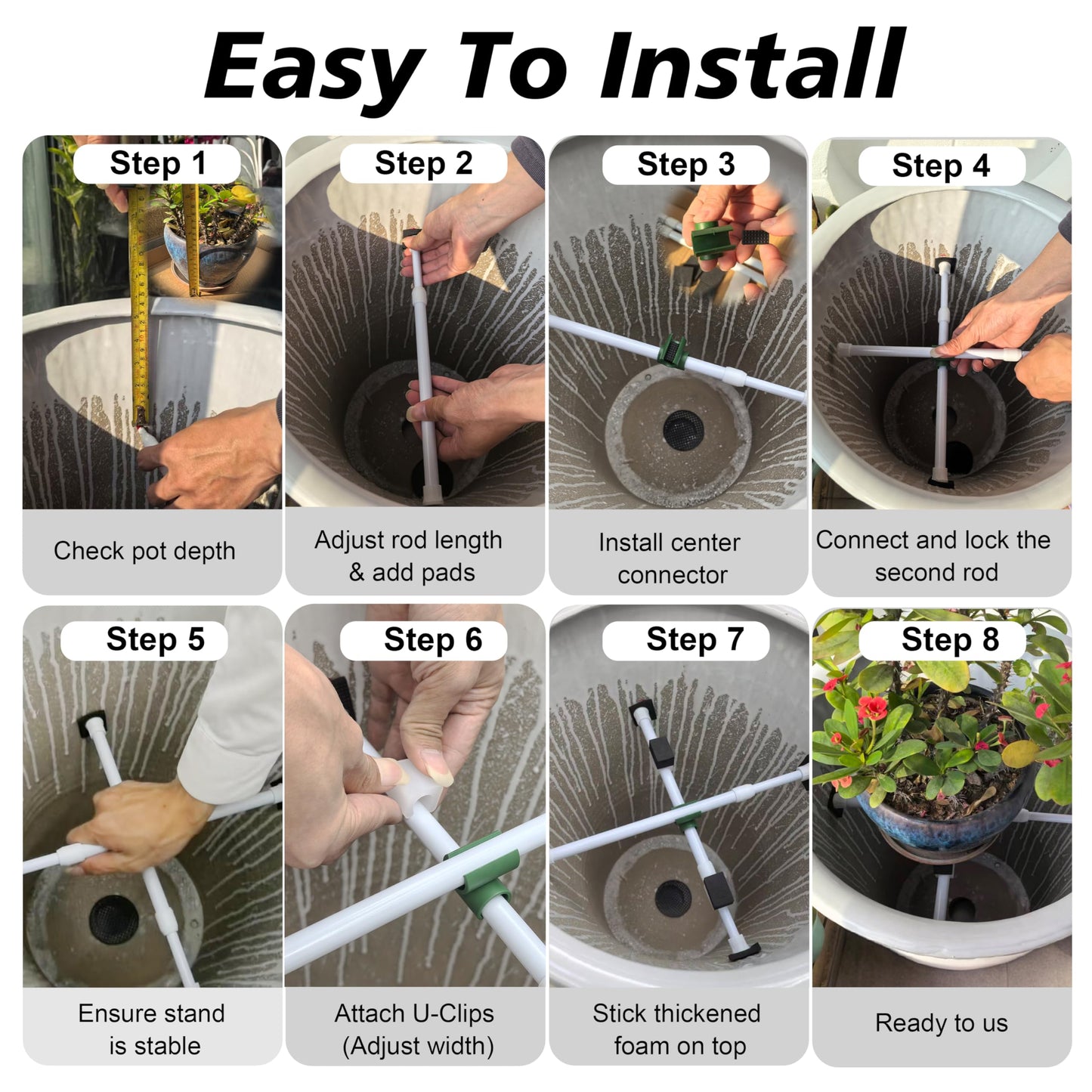 SENWELL-KA Adjustable Planter Inserts with Dual Telescopic Rods & Cross Connector, Upgraded Adjustable Plant Stand Insert with U-Shaped Clips, Heavy-Duty Plant Lifters for Inside Pots(2, White)